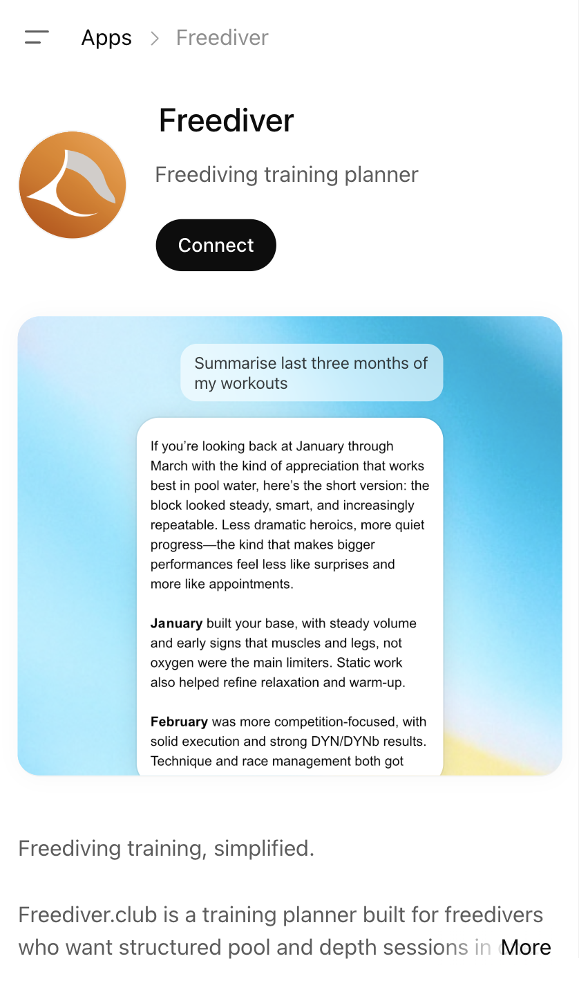 Freediver app screen in ChatGPT with the Connect button