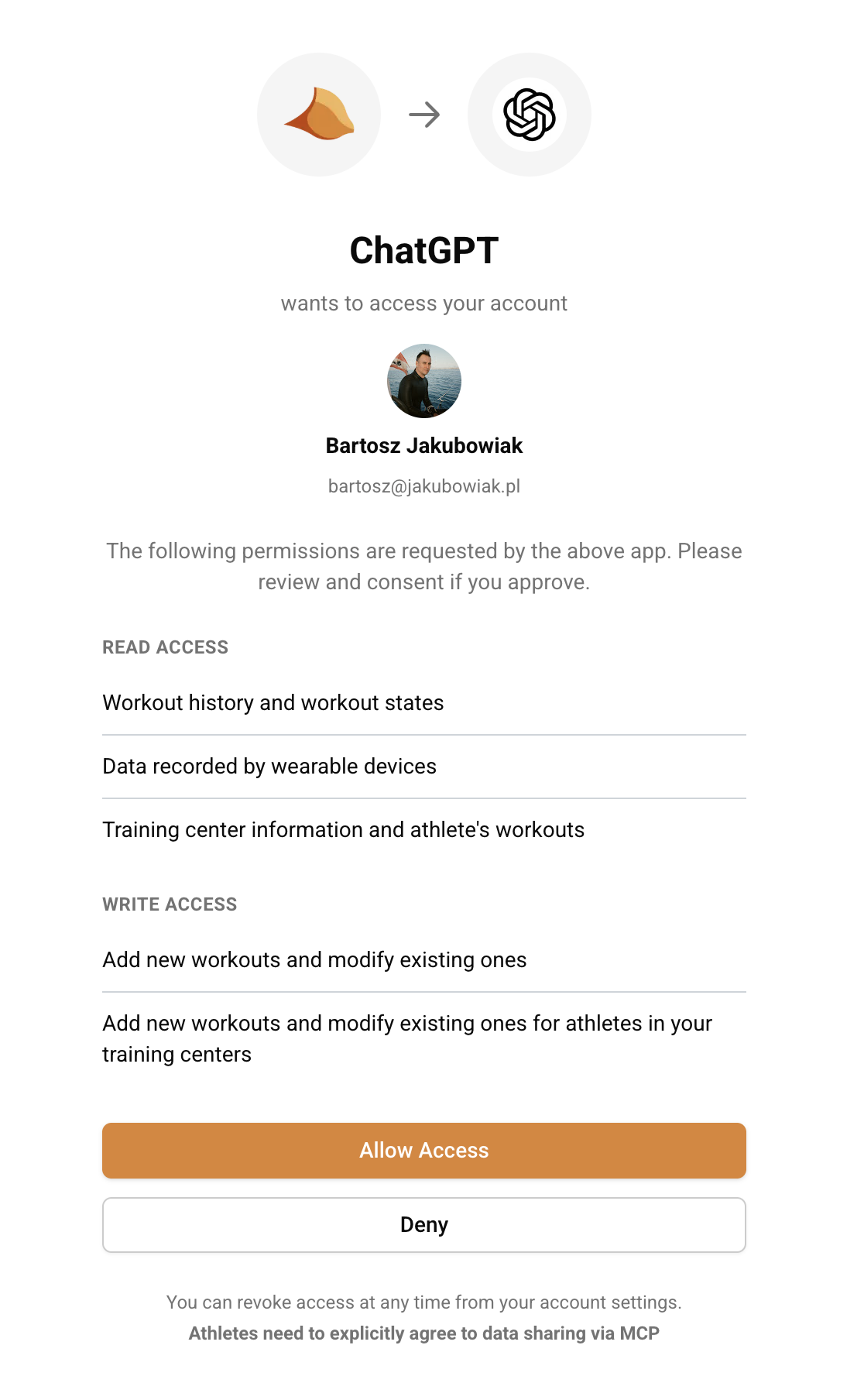 OAuth consent screen: the host app requests access to your freediver.club account, lists read and write permissions, and offers Allow Access and Deny. A note states that athletes must explicitly agree to data sharing via MCP.