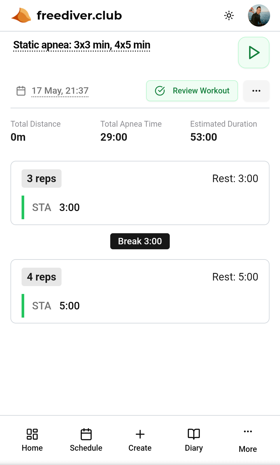 Planned static apnea workout in freediver.club