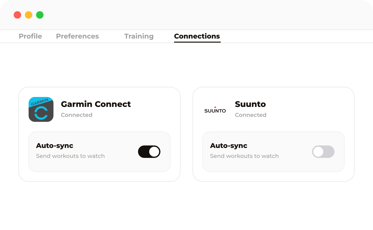 Connect Garmin and Suunto to sync workouts