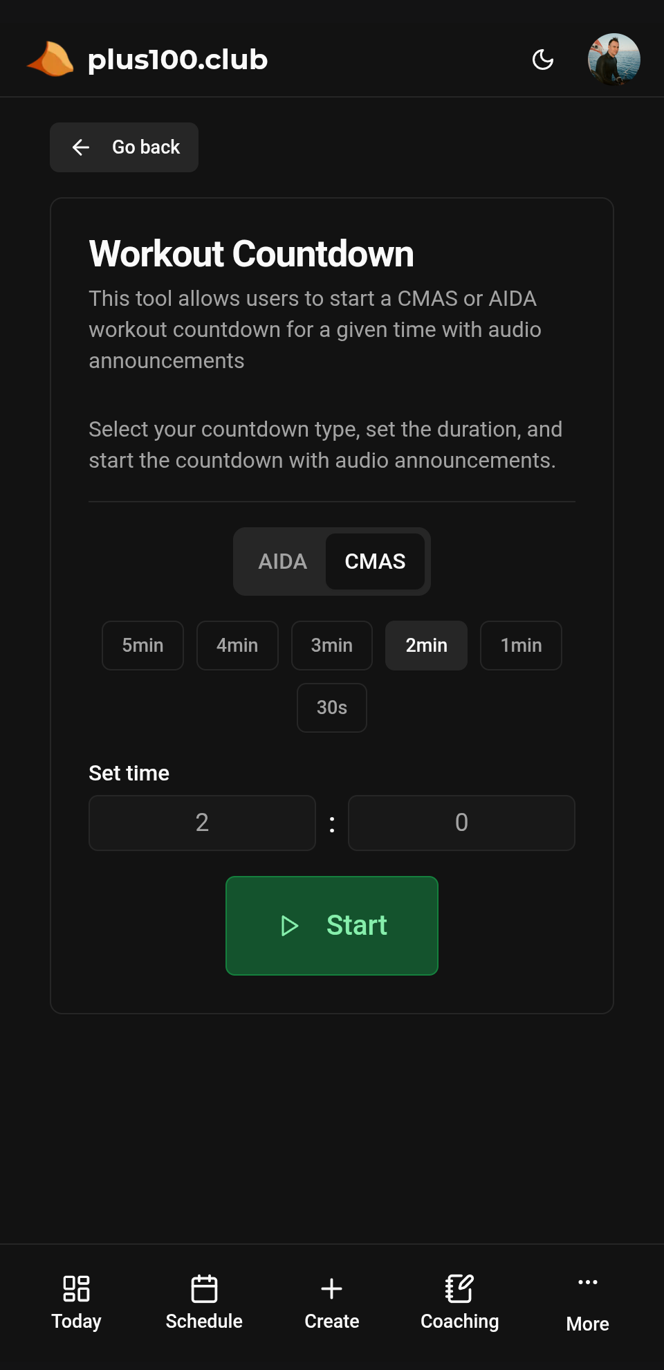 Competition Countdown Configuration - Select AIDA or CMAS countdown type and duration