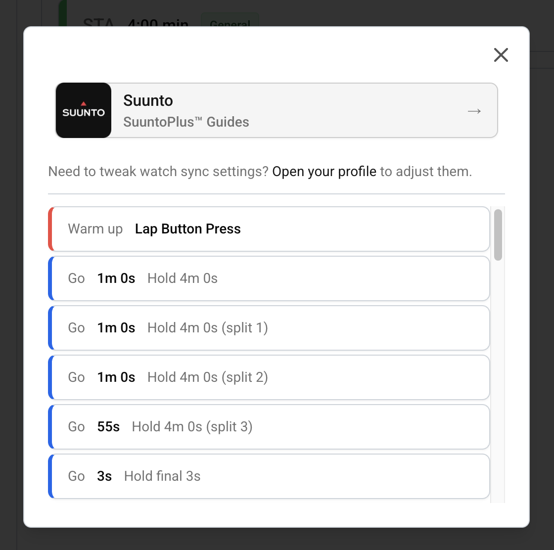 Workout preview and send to Suunto button